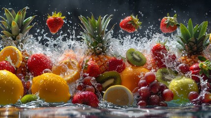 Dynamic fruit medley caught in a burst of refreshing water splash, a feast of colors and textures