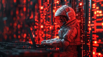 3D character setting up a cybersecurity firewall, isolated on a vibrant red and black gradient background - obrazy, fototapety, plakaty