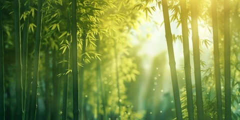 Fototapeta premium A sun-drenched bamboo forest presents a tranquil scene, with beams of light piercing through the lush greenery