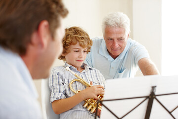 Playing, music and grandpa and child with trumpet for practice, lesson and skills for talent show....