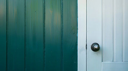 Close up the white vintage clean front door with iron knob near wood plank wall dark green color with copy space : Generative AI