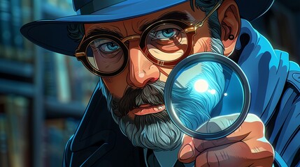 Cartoon bearded detective solving a mystery, intriguing case files background - obrazy, fototapety, plakaty