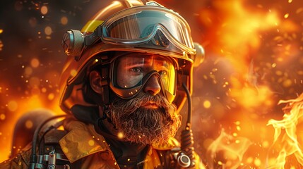 Cartoon bearded firefighter bravely battling flames, heroic action scene background - obrazy, fototapety, plakaty