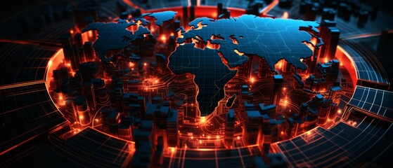 Animated world map with pulsing cybersecurity threats, flat, radar screen background,