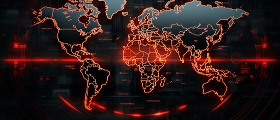 Animated world map with pulsing cybersecurity threats, flat, radar screen background,