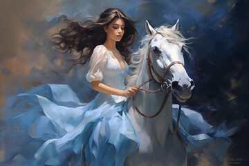 oil painting of a beautiful girl in a blue dress riding a horse,art design - 787299130