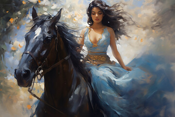 oil painting of a beautiful girl in a blue dress riding a horse,art design