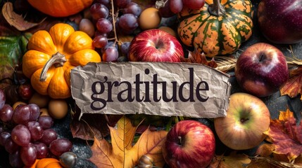a pile of autumn fruits and vegetables with a sign that says gratitude - obrazy, fototapety, plakaty