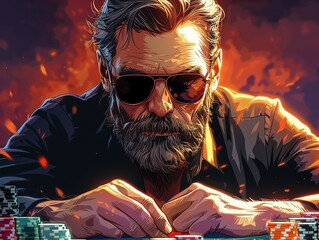 Cartoon bearded man in sunglasses at high stakes poker, revealing a winning flush, tense atmosphere