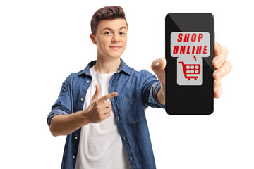 Young man pointing at a shopping online application on a smartphone