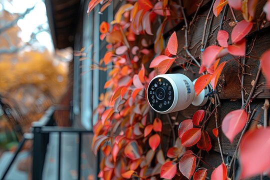 A closeup photo of an outdoor security camera mounted on the side wall of a wooden house, with autumn leaves in the background. Generative AI