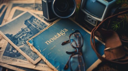 a camera, a book, and some old photos on a table