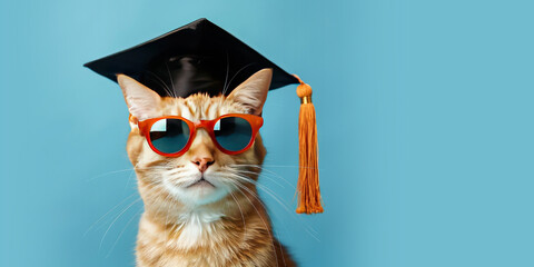 Cat Wearing Graduation Cap and Sunglasses on a Blue Background with Space for Copy