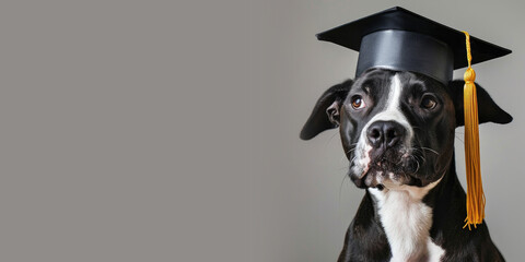 Dog wearing Graduation Cap on a Grey Background with Space for Copy