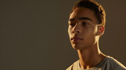Obraz premium Young biracial man looks thoughtfully to the side with copy space his expression suggests contemplation or anticipation in a neutral setting : Generative AI