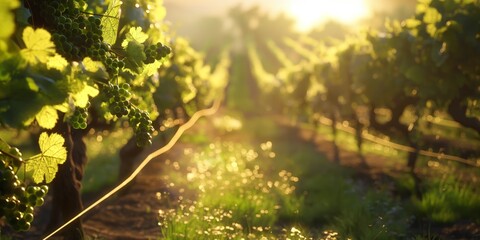 The warmth of a sunset bathes ripening grapes in a vineyard, evoking taste and abundance - obrazy, fototapety, plakaty