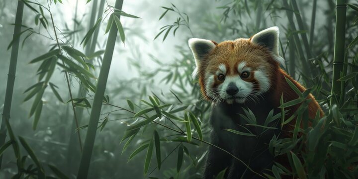 A captivating image of a red panda camouflaged among the misty greens of a bamboo forest