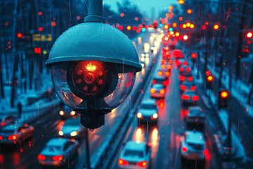 Fototapeten CCTV camera on the street, overlooking view of the city with cars and traffic lights at dawn, blue sky. The concept for a security system or trail records from cars. Generative AI © Skiffcha