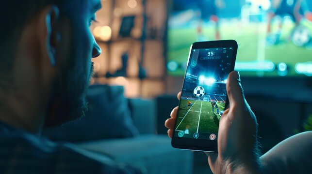 Close up of man holding smartphone with sports bets app to camera while watching football match at home copy space : Generative AI