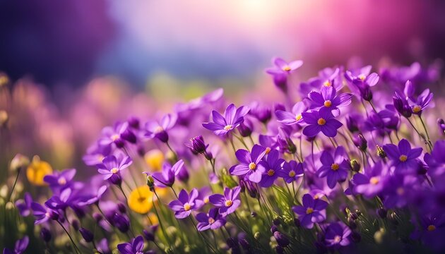 Spring flowering bloom wallpaper. Many lilac purple wild flowers in forest on glade glow in sun on a dark background macro soft focus. Spring templates, amazing magic artistic image	