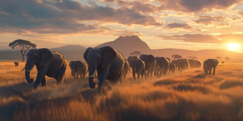 A herd of elephants marches through the grassy savannah with a backdrop of a breathtaking sunset and mountain silhouette - obrazy, fototapety, plakaty