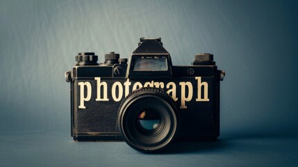 a black camera with a lens and the word photography written on it - obrazy, fototapety, plakaty