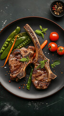 Lamb chops with spring peas and cherry tomatoes - 787300989