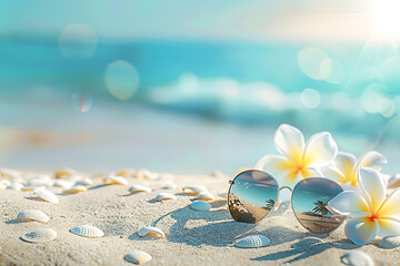 Beach summer panoramic background with seashells and starfish