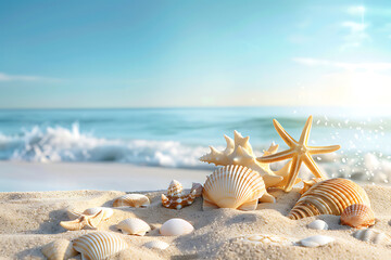 Fototapeta na wymiar Beach summer panoramic background with seashells and starfish