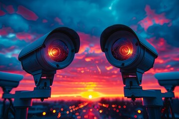 Cctv camera or security system with sunset sky background, silhouette of cordered video cameras for surveillance and protection in evening sky. Generative AI