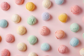 Colorful pattern of ice cream scoops of different colors and flavors on pastel background, top view