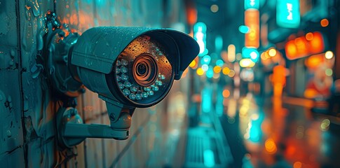 CCTV camera with night vision light on the wall of an urban building, city street background with bokeh lights. Concept for security and surveillance technology. Generative AI