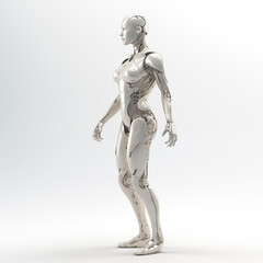 Obraz premium robot body, hyper realistic, unreal engine. modeled after a woman body. white background high fashion. 