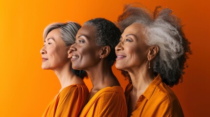 Side view portrait of middle-aged women, elderly beautiful ladies of different nationalities, cultures on orange background. Mature women models with different skin and hair colors. Beauty concept