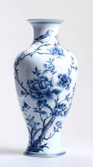 Blue vase with floral pattern on white background, studio shot.
