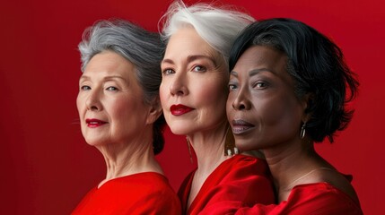 Group portrait of middle-aged women, elderly beautiful ladies of different nationalities, cultures on red background. Mature women models with different skin and hair colors. Beauty concept