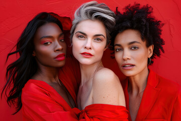 Beautiful female models of different races with different skin and hair colors on a plain red background. Multiethnic women with nude makeup, multi-ethnic beauty concept