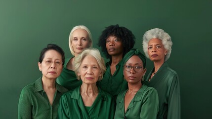 Group portrait of middle-aged women, elderly beautiful ladies of different nationalities, cultures on green background. Mature women models with different skin and hair colors. Beauty concept