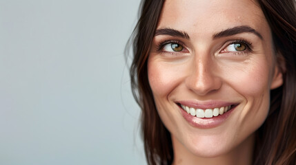 Portrait of beautiful smiling 30 years woman isolated on grey background closeup Copy space Banner Pretty face Looking at camera White skin big eyes and long brown hair European appear : Generative AI