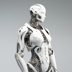 robot body, hyper realistic, unreal engine. modeled after a woman body. white background high fashion. 