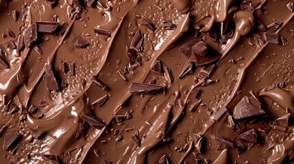 Close-up, texture of chocolate ice cream with pieces of broken chocolate, creamy with cocoa. Summer...