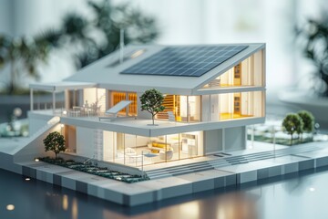 Volumetric 3D model of modern house, cottage with solar panels on the roof. Architectural design for construction of villa, modern technologies for generating green energy