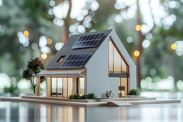 Volumetric 3D model of modern house, cottage with solar panels on the roof. Architectural design for construction of villa, modern technologies for generating green energy