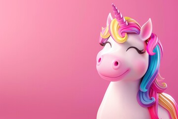 Fairytale unicorn with a multi-colored mane on plain pink background, 3D illustration. Magical handsome cartoon character, horse with rainbow mane