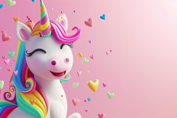 Fairytale unicorn with a multi-colored mane on plain pink background, 3D illustration. Magical handsome cartoon character, horse with rainbow mane