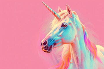 Unicorn with a multi-colored mane on a plain pink background. Fantastic magical character, hero. 3D render