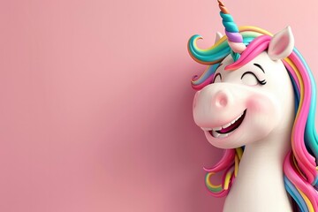Fairytale unicorn with a multi-colored mane on plain pink background, 3D illustration. Magical handsome cartoon character, horse with rainbow mane - obrazy, fototapety, plakaty