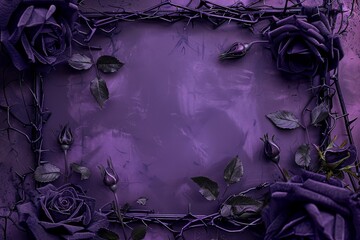 A dark purple background with a frame of black thorns and purple roses.