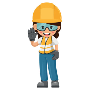 Industrial construction worker woman with his personal protective equipment saluting. Express an idea in a presentation. Safety first. Industrial safety and occupational health at work