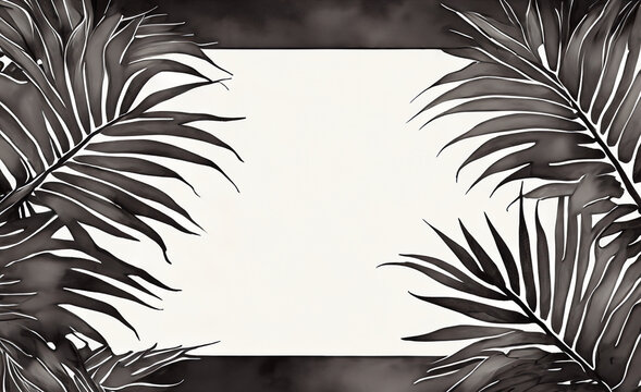 Tropical border, watercolor palm leaves, sumi ink background, pretty palm trees graphic, botanic banner, beautiful hand painted leaf illustration. Organic, nature, environment, vacation, holiday theme